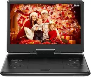 16.9 Portable DVD Player with 14.1 Large HD Screen,High Volume Speaker,4-6 Hours Built-in Rechargeable Battery,Support USB/SD Card/Sync TV and Multiple Disc Formats,Region Free,Remote Control,Black