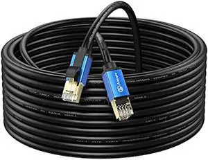Cat7 Ethernet Cable 200ft, Cat7 Outdoor Cable Triple Shielding SSTP 10Gbps 600MHz Ethernet Patch Cable for Modem Router LAN RJ45, UV/Water Proof, Direct Burial, PE Jacket