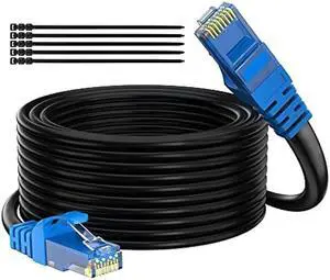 Adoreen Cat 6 Outdoor Ethernet Cable 100 Ft Black, High Speed Heavy Duty Long Internet Network Cable for POE Camera Cat 5 5e RJ45 LAN Patch Cable Cord, Sturdy Waterproof Direct Burial+25 Ties