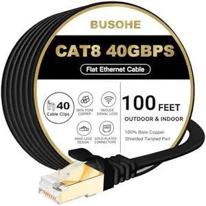 BUSOHE Cat 8 Ethernet Cable 100 FT, 40Gbps 2000MHz Cat8 High Speed Flat Internet Network Patch Cord, SFTP Shielded LAN Wire with Gold Plated RJ45 Connector for Outdoor Indoor, with Clips- 100FT Black