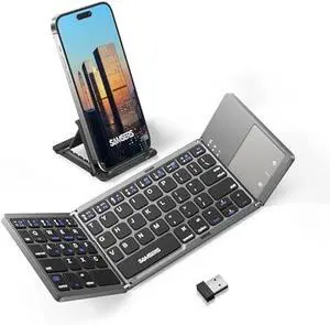 Samsers Multi-Device Foldable Bluetooth Keyboard with Touchpad Rechargeable Dual-Mode(2.4G+BTx2) Wireless Keyboard with Holder, Portable Ultra Slim Folding Keyboard for Android Windows iOS Mac OS