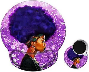Mouse Pad with Wrist Support Gel, Ergonomic Mouse Pad with Comfortable Wrist Rest, Gaming Mousepad Non-Slip PU Base for Laptop Office Easy Typing & Pain Relief, African Women with Purple Hair