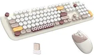 2.4G Full-Size Wireless Keyboard and Mouse Combo, Multi-Color Typewriter Style Round Keycap, Cute Candy Colors, Compatible with Notebook, PC (104 Keys,Beige)