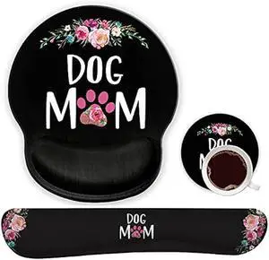 Ergonomic Mouse Pad Wrist Support Gel and Keyboard Wrist Rest Set for Laptop, Mac, Gaming and Office, Durable, Comfortable and Pain Relief + Coaster, Dog Mom Floral Design