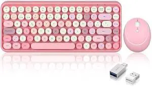 Perixx PERIDUO-713 ES Set de ratón y Mini Teclado inalámbrico 2.4 GHz - Teclas Retro Redondas - Rosado Pastel - Español QWERTY