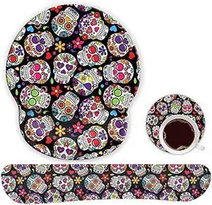 Ergonomic Mouse Pad Wrist Support Gel and Keyboard Wrist Rest Set for Laptop, Mac, Gaming and Office, Durable, Comfortable and Pain Relief + Coaster, Day of The Dead Colorful Vintage Sugar Skull