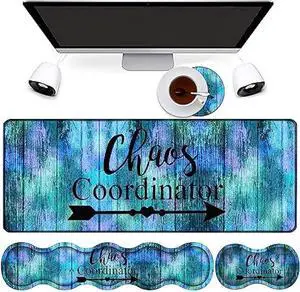 4 in 1 Mouse Pad Combo, Large Gaming Mouse Pad + Keyboard Wrist Support + Mouse Wrist Rest + Coaster, Table Pad with Stitched Edge Memory Foam Ergonomic Wrist Pad Set, Chaos Coordinator