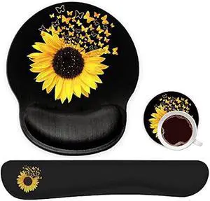 Ergonomic Mouse Pad Wrist Support Gel and Keyboard Wrist Rest Set for Laptop, Mac, Gaming and Office, Durable, Comfortable and Pain Relief + Coaster, Sunflowers and Butterflies in Bloom