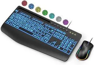 SABLUTE Wired Keyboard and Mouse Combo, Large Print Backlit Keyboard with Wrist Rest and 7-Color Backlit, Lighted Computer Keyboards Easy to See, Light Up USB Keyboard Mouse for PC, Windows, Laptop