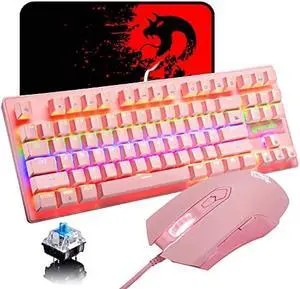 LexonElec Mechanical Gaming Keyboard Blue Switch Mini 82 Keys Wired Rainbow LED Backlit Keyboard,Lightweight Gaming Mouse 6400DPI Honeycomb Optical,Gaming Mouse Pad for Gamers and Typists(Pink)