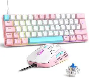 RK-T60 Wired Mechanical Gaming Keyboard and Mouse Combo Portable with Rainbow Backlit 62Key NKRO 6400DPI RGB Honeycomb Mice for PS4/PC/WIN Gamer(Pink/Blue Switch)