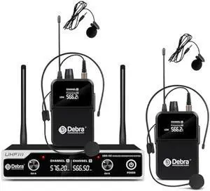 D Debra Wireless Microphone System UHF UBR-102 with Cordless Handheld Lavalier Headset Mics, 260ft Range, Suitable for Church, Lectures, Karaoke, Weddings, DJ, and Bars(2 Bodypack)