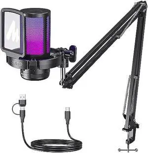 MAONO Gaming USB Microphone, Noise Cancellation Condenser Mic with Mute, Gain, Monitoring, Boom Arm Mic for Streaming, Podcast, Twitch, YouTube, Discord, PC, Computer, PS4, PS5, Mac, GamerWave DGM20S