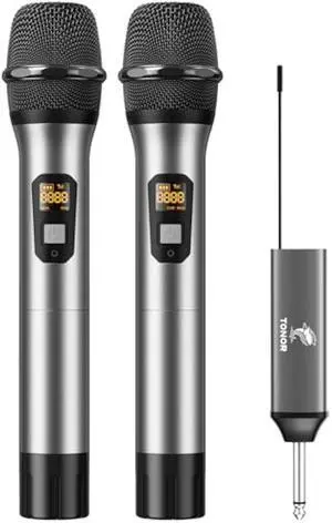 TONOR Wireless Microphones, UHF Dual Cordless Metal Dynamic Mic System with Rechargeable Receiver, for Karaoke Singing, Wedding, DJ, Party, Speech, Church, Class Use, 200ft TW630 Silver