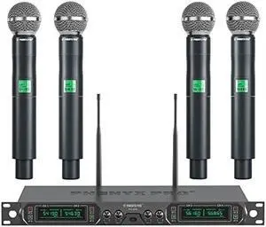 Phenyx Pro Wireless Microphone System, 4-Channel UHF Wireless Mic, Fixed Frequency Metal Cordless Mic with 4 Handheld Dynamic Microphones, 260ft Range, Mics for Singing, Church(PTU-5000-4H)