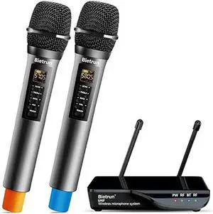 Bietrun Wireless Microphone with Echo/Treble/Bass, UHF 160ft Range, Dual UHF Cordless Dynamic Mic Handheld Microphone System for Home Karaoke, Meeting, Party, Wedding(Receiver with Bluetooth)