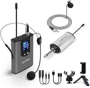 HOTEC UHF Wireless Headset Microphone/Lavalier Lapel Mic with Bodypack Transmitter and Mini Rechargeable Receiver 1/4 Output for Vlogging or Speech
