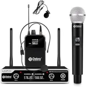 D Debra Wireless Microphone System UHF UBR-102 with Cordless Handheld Lavalier Headset Mics, 260ft Range, Suitable for Church, Lectures, Karaoke, Weddings, DJ, and Bars (1 Handheld & 1 Bodypack)
