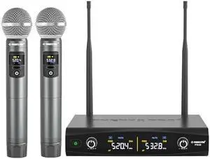Phenyx Pro Wireless Microphone System, Metal Wireless Mic Set, Handheld Cordless Dynamic Microphones for Singing, Karaoke, Church, 2x30 UHF Tunable Frequencies,200 ft Range (PTU-52-2H)