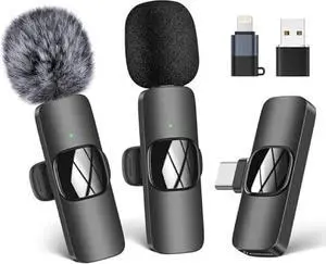 Wireless Lavalier Microphone for Phone/iPhone/Computer, Dual Wireless Microphone for Video Recording, Live Stream, Vlog, YouTube, TikTok, Facebook, Zoom - Noise Reduction & Plug-Play
