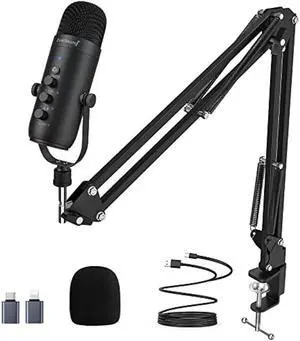 ZealSound Gaming Microphone Kit,Podcast Condenser USB Mic with Boom Arm,Supercardioid Microphone with Mute Button,Echo Volume Gain Knob,Adjust Monitor for Phone PC Computer (Black)