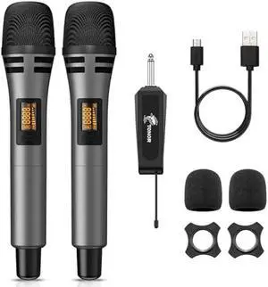 TONOR Wireless Microphones, UHF Dual Karaoke Microphone System, Microfonos Inalambricos with Rechargeable Receiver, Cordless Dynamic Mic Micro Set for Singing, Wedding, DJ, Party, Speech TW320 Grey