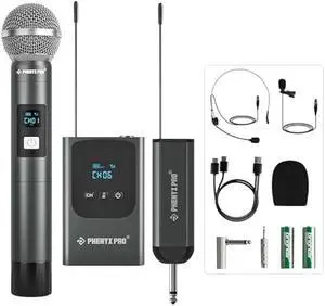 Phenyx Pro Dual Digital Wireless Microphone System, w/Handheld Dynamic Microphone, Bodypack Transmitter, Mini Receiver, 2x15 UHF Frequencies, Headset/Lapel Mic for Singing (PDP-2-1H1B)