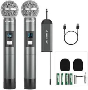 Phenyx Pro Dual Digital Wireless Microphone System, w/2 Handheld Dynamic Microphones,15 UHF Frequency Groups, Mini Receiver, Metal Cordless Mic for Karaoke,Church,DJ,Singing (PDP-2-2H)