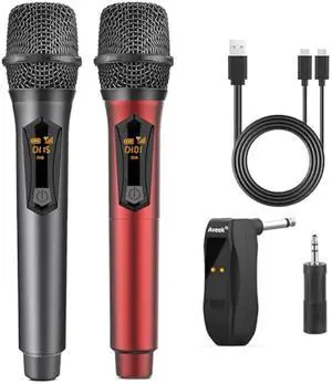 Aveek Wireless Microphone for Karaoke, 2.4GHz Rechargeable Karaoke Microphone(Work 10hs), for Speaker, Karaoke Machine,Church, Speech, Wedding, Party Singing, Grey&Red, 2 Packs