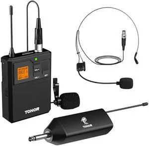 TONOR UHF Wireless Microphone System with Headset Mic/Lavalier Lapel Mic, Bodypack Transmitter, Rechargeable Receiver, 15 Channels 200ft Range 1/4 Output for Recording Live Performance PA Speaker