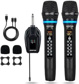 Dual Wireless Microphones Rechargeable, UHF Metal Wireless Mic System Cordless Microphone Professional with Echo Treble BASS VOL Channel Control for Karaoke Singing Church Events