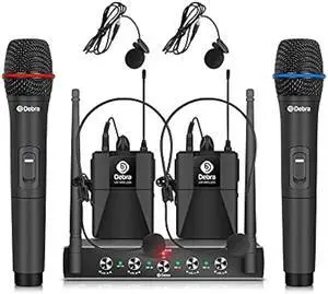 Debra Audio Pro UHF 4 Channel Wireless Microphone System with Cordless Handheld Lavalier Headset Mics, Metal Receiver, Ideal for Karaoke Church Party (with 2 Handheld & 2 Bodypack (B))