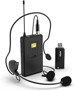 FIFINE Wireless Microphones for Computer, USB Wireless Microphone System for PC and Mac, Headset UHF System with USB Receiver,Transmitter, Headset and Clip Lavalier Lapel Mic-K031B