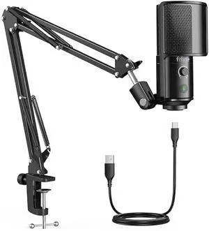 FIFINE USB Podcast Microphone, PC Computer Condenser Microphone Plug & Play Mic Kit with Boom Arm Stand, 16MM Large Diaphragm, Mute Button for Recording Singing Streaming YouTube Gaming-T669PRO1