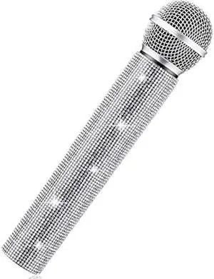 Sanwuta Fake Microphone Prop Sparkly Bling Rhinestones Plastic Play Microphone Pretend Glitter Bedazzled Mic for Cosplay Party Costume(Silver)