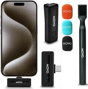 Movo Wireless Mini UC Ultra Compact Wireless Lavalier Microphone for iPhone 15/16/17 and up with WMX-HM Handheld Adapter - Lapel Mic with Handle Mount for Content Creators, Interviews, Reporting