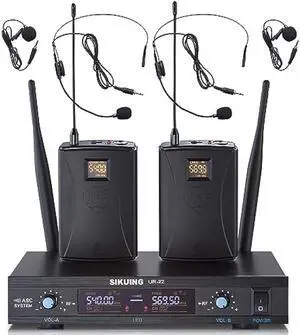Dual Channel UHF Wireless Microphone System, 2x30 Adjustable Frequencies, Lavalier & Headset Microphone System for Meeting, Church, 300ft Range (2 Bodypack)