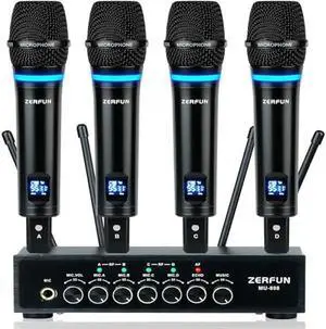 4 Channel Rechargeable Wireless Microphone System, Pro UHF Metal Handheld Wireless Microphones Cordless Mics with Echo Bluetooth VOL Channel Control for Karaoke Singing Church(MU-898)