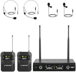 Phenyx Pro UHF Wireless Microphone System w/ 2x30 Tunable Frequencies, Metal Cordless Mic Set, 200 ft Range, 2 Bodypacks & Headsets/Lapel Mics for Speaking, Singing, Church, DJ (PTU-52-2B)