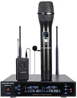 Sound Town Metal 200 Channels UHF Wireless Microphone System with 1 Handheld Mic, 1 Lavalier Mic and Auto Scan for Church, School, Outdoor Wedding, Meeting, Party and Karaoke (SWM26-U2HL)
