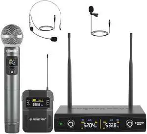 Phenyx Pro Wireless Microphone System,Metal Wireless Mic Set w/Handheld/Bodypack/Headset/Lapel Mics,2 x 30 UHF Frequencies, 200 ft Range, Cordless Mic for Singing, Karaoke, Church (PTU-52-1H1B)