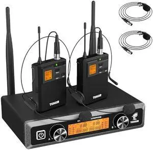 TONOR UHF Wireless Microphones System with Headset/Lavalier Lapel Mics, Bodypack Transmitter, Receiver, 2*15 Channels, 200ft Range for Live Singing Karaoke Church Party DJ PA Speaker Mixer Recording