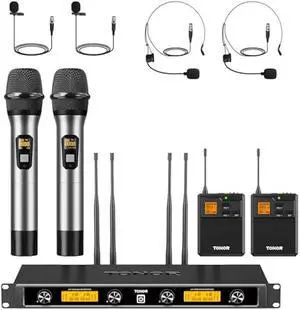 TONOR UHF Wireless Microphones System with Metal Cordless Handheld/Headset/Lavalier Lapel Mics, Bodypack Transmitter, Receiver, 4*10 Channels 295ft Range for Singing Karaoke Church Party DJ PA Speaker