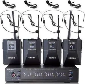 4 Channel UHF Wireless Microphone System with Lavalier Headset Mics, 4x50 Adjustable Frequencies, Ideal for Karaoke Meeting Church, 300ft Range (4 Bodypack)