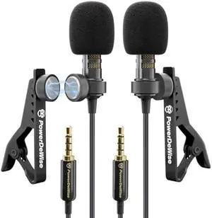 PowerDeWise Professional Grade 2 Lavalier Clip-On Microphones Set for Dual Interview - Double Lav Lapel Microphone - Use for iPhone Phone Camera - Blogging Video Recording Noise Cancelling 3.5mm Mic