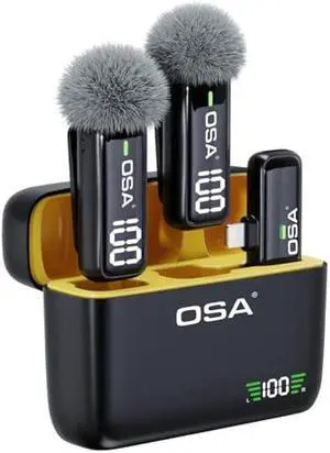 OSA 2Pcs Wireless Lavalier Microphone for iPhone iPad with Charging Charging Case and Transmitter Digital Display, 30H Clip on Lapel Microphone Wireless for Video Recording
