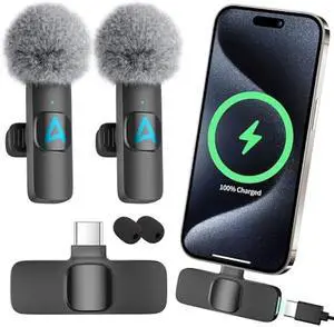 aLLreli iPhone 15 Mics, 2 Pack Wireless Lavalier Microphone for iP15 Pro/Max - Plug-Play Crystal Clear Sound Quality, Long Lasting for Interviews, Podcasts, Vlogs, and More