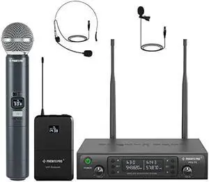 Phenyx Pro Wireless Microphone System, Dual Mic Set with Handheld/Bodypack/Lapel Mics,Auto Scan, 2x100 UHF Frequencies,328ft Range,Cordless Microphone for Singing, Karaoke, Church(PTU-71-1H1B)