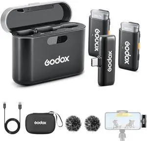 GODOX WES2 Kit2 Wireless Lavalier Microphone for Android/USB C, 8H Battery Life, Dual Channel 2.4G Wireless Mic, 200m(656ft.) Range, Noise Cancelling with Charging Case for Vlogging, TikTok, Interview