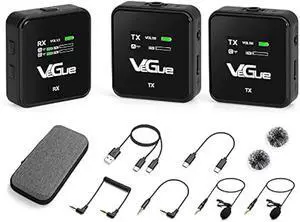 VeGue Wireless Lavalier Microphone System, 2.4GHz Dual Channel Wireless Lapel Mic with Noise Cancellation for DSLR Cameras, Camcorders and Phones, Lavalier Mic for TikTok, Interview and Recording